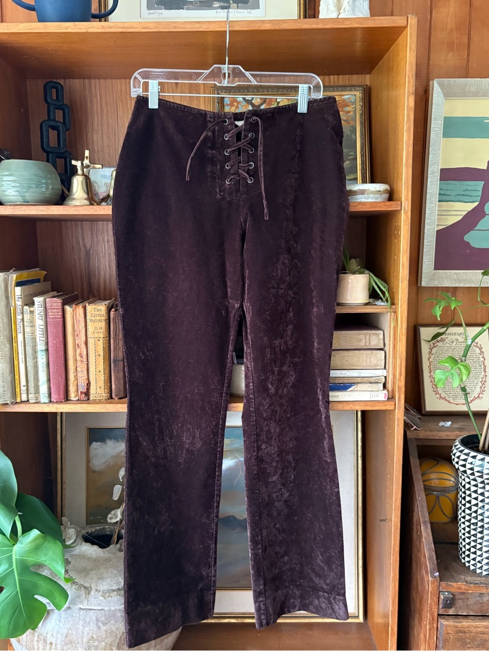 Y2K Whimsigoth Brown Velvet Lace Up Flare Pants Le Chateau M